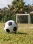 Soccer ball in grass on green field near five-a-side goal