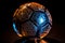 Soccer ball with an intricate web of glowing circuitry etched across its surface, representing the strategic intricacies of the