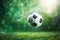 Soccer ball kicked into the goal net on the football field background. Sports concept