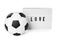Soccer ball and lightbox with word Love on white background