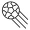 Soccer ball line icon. Kicked football soccer-ball, flying on speed in air symbol, outline style pictogram on white