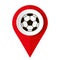 Soccer ball and location pin on white. Vector illustration