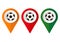 Soccer ball and location pin on white. Vector illustration