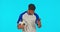 Soccer ball, man and celebration with phone in studio isolated on blue background mockup. Football, winner and excited