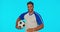 Soccer ball, man smile and thumbs up in studio isolated on a blue background mockup. Face portrait, football sports and