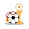 Soccer ball with a medal and a statuette of the winner of the championship. Football game attributes for postcard, logo or design