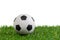 Soccer ball model on artificial green grass over white background