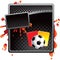 Soccer ball and penalty cards on black halftone ad