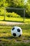 Soccer ball on penalty spot in natural football ground