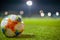 Soccer ball on the pitch before the final match two teams