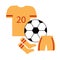 Soccer ball with a player`s uniform, t-shirt, shorts, knee-highs. Football game attributes for postcard, logo or design. Flat