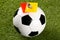 Soccer ball with referee yellow and red cards and chrome whistle on top over grass background - penalty, foul or sports concept