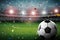 Soccer ball with soccer stadium and confetti background