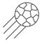 Soccer ball thin line icon. Kicked football soccer-ball, flying on speed in air symbol, outline style pictogram on white