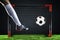 Soccer. Championship concept with soccer player.Striker shooting on goal