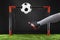 Soccer. Championship concept with soccer player.Striker shooting on goal