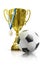 Soccer championship trophy. Golden champion cup isolated on white background. Sport award. Victory concept