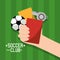 Soccer club hand holding cards red and yellow ball whistle