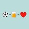Soccer design with ball, beer mug and heart. Message: football + beer = love. Typography emblem for t-shirt, sports logo. Vector.