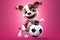 Soccer Dreams Unleashed: A 3D Generated Story of a Dog\\\'s Aspirations Against Pink Gradient Background