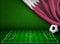 Soccer field, ball and Qatar flag 3d illustration