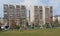 Soccer field in front of an industrialized apartment block, Jelenia Gora, Poland