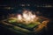 Soccer Field At Night With Floodlights And Fireworks, Drone View. Generative AI