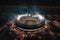 Soccer Field At Stadium At Night With Floodlights And Fireworks, View From Drone. Generative AI
