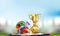 Soccer flags ball Russia with golden trophy 3D illustration
