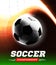 Soccer or football ball in the backlight with a flight path in the form of a light beam. Vector illustration