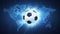 Soccer football ball flying on map background.