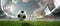 Soccer football ball jumping on green grass of football field at crowded stadium with spotlight. Concept of sport, art