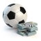 Soccer or football ball and packs of dollars.