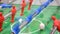 Soccer (football) game closeup, children's desktop table soccer, sport field area, modern entertainment hobby,