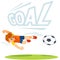 Soccer football kick striker scoring goal with accurate shot. cartoon kids sports