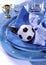 Soccer football party table in blue and white team colors - close up.