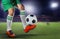 soccer football players and soccer ball with motion blur of sport stadium use for math and team sport background