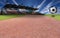 Soccer football and stadium with blue sky