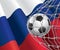 Soccer Goal. Russian flag with a soccer ball.