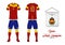 Soccer jersey or football kit. Spain football national team. Football logo with house flag. Front and rear view soccer uniform.