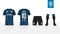 Soccer jersey or football kit t-shirt sport, shorts, sock template design for sport club. Flat football logo on blue label.
