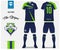 Soccer jersey or football kit template for football club. Blue and green stripe football shirt with sock and blue shorts mock up.