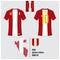 Soccer jersey or football kit, template for Peru National Football Team. Flat football logo on Peru flag label