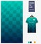 Soccer jersey pattern design. Checkered pattern on green background for soccer kit, football kit, uniform. Abstract Background.