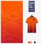 Soccer jersey pattern design. Random straight line pattern on orange background for soccer kit, football kit. Vector.