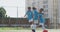 Soccer kids playing in a sunny day