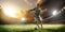 Soccer player in action on sunset stadium panorama background