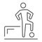 Soccer player with ball thin line icon, sport concept, Footballer near gate sign on white background, Footballer stands