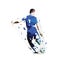 Soccer player in blue jersey kicking ball, low polygonal vector illustration. Team sports