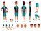 Soccer player creation set. Cartoon male football character. Man full length, front, side, back view, accessories, poses